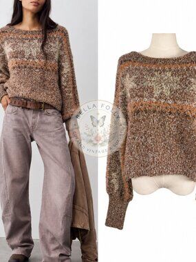 Free People Snowflake Pullover Gingerbread Boucle Sweater M Après Ski Boho Cozy